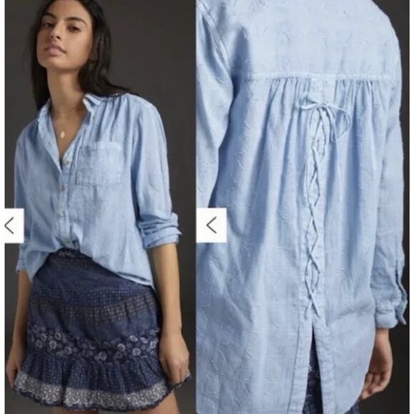 Anthropologie Pilcro Theresa Lace-Up Back Button Shirt Top Blue Size Small - Picture 2 of 9